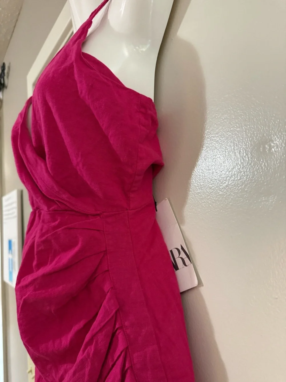 Zara Fuchsia Pink Ruched Wrap Mini Dress Linen Blend Strappy V Neck NWT Medium - Picture 5 of 16